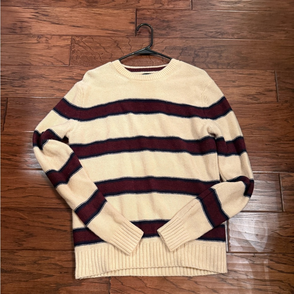 Banana Republic Cream Burgandy and Navy striped crew neck Sweater. Merino wool.